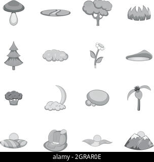 Nature landscape icons set, black monochrome style Stock Vector