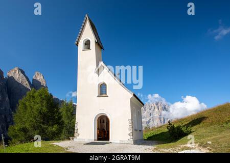 Alpini chapel San Maurizio at Gardena Pass, South Tyrol Stock Photo