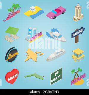 Miami set icons, isometric 3d style Stock Vector