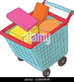 Basket on wheels with shopping icon, cartoon style Stock Vector
