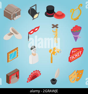 Theatre set icons, isometric 3d style Stock Vector