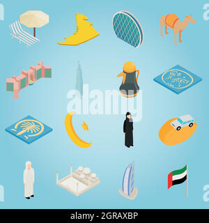 UAE set icons, isometric 3d style Stock Vector
