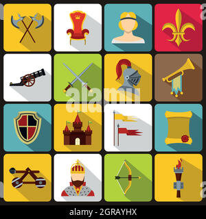 Knight medieval icons set, flat style Stock Vector