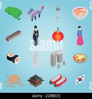 South Korea set icons, isometric 3d style Stock Vector