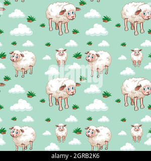Seamless background design with white sheep and clouds Stock Vector