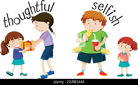 English vocabulary word thoughtful and selfish Stock Vector