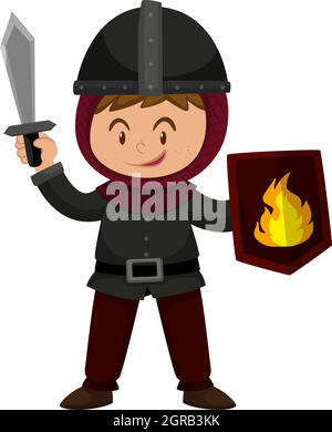 Boy in knight outfit holding sword Stock Vector