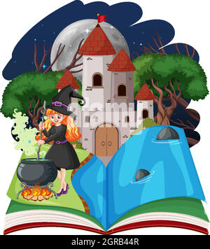 Witch and castle tower with pop up book cartoon style on white background Stock Vector