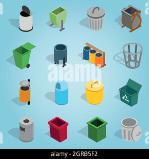 Trash bin set icons, isometric 3d style Stock Vector