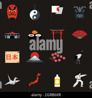 Japan icons set, flat style Stock Vector