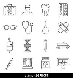 Medicine icons set, outline style Stock Vector