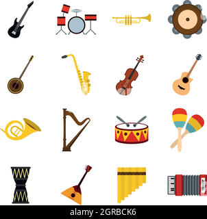 Musical instruments icons set, flat style Stock Vector