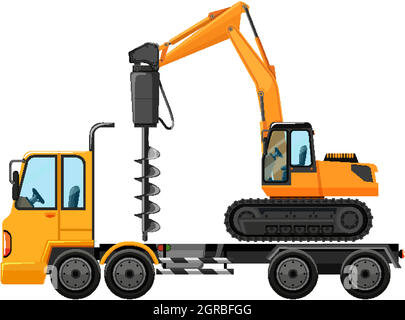 Tow truck carrying construction car isolated on white background Stock Vector