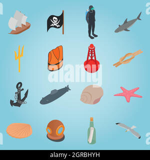 Sea set icons, isometric 3d style Stock Vector