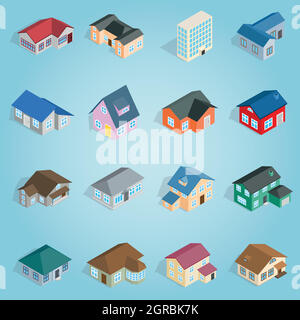Town house cottage set icons, isometric 3d style Stock Vector