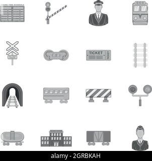 Railway icons set, black monochrome style Stock Vector