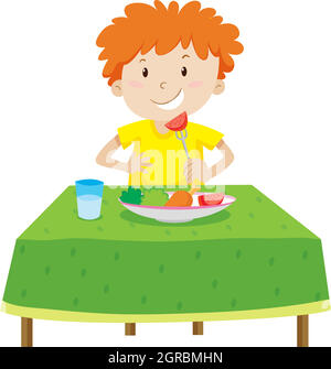 Little boy eating on the table Stock Vector