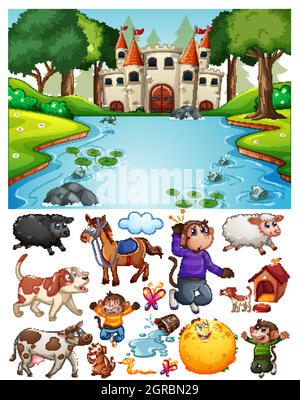 Castle in the forest scene with isolated cartoon character and objects Stock Vector