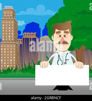 Doctor holding blank sign. Stock Vector