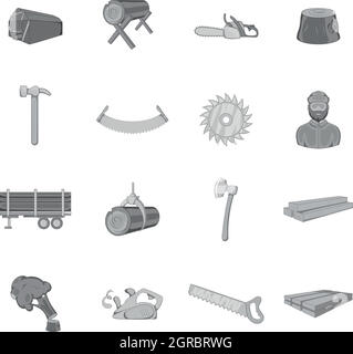 Timber industry icons set, black monochrome style Stock Vector