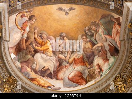 ROME, ITALY - SEPTEMBER 1, 2021: The Pentecost fresco in church Santa Maria dell Anima by Francesco Salviati from 16. cent. Stock Photo