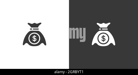 Money bag. Sack with dollar symbol. Isolated icon on black and white background. Commerce glyph vector illustration Stock Vector