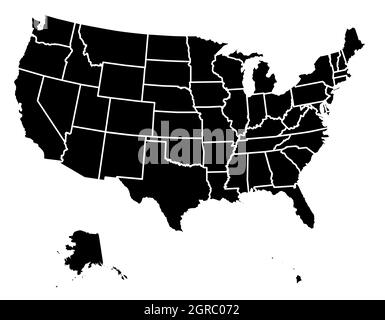 A silhouette map of TheUnited States of America with staes shown with a white outline Stock Photo