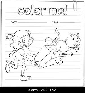 A worksheet with a girl and a cat Stock Vector