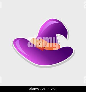Vector purple witch hat sticker icon for your Halloween decorations. Easy to recolour, with removable background. For party invites, sale banners, ads Stock Vector