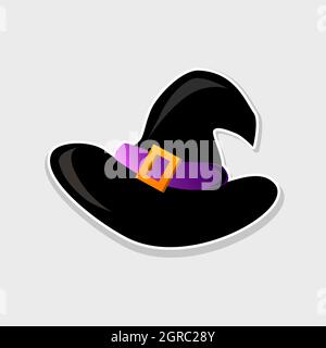 Vector black witch hat sticker icon for your Halloween decorations. Easy to recolour, with removable background. For party invites, sale banners, ads. Stock Vector