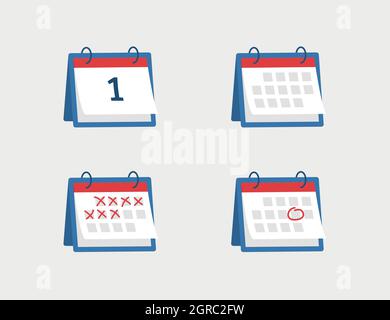 Month and day calendar icon set with pen marked day Stock Vector
