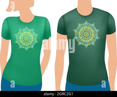 Green male and female t shirt realistic template with mandala. Vector Stock Vector