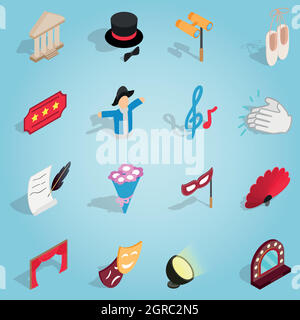 Theatre set icons, isometric 3d style Stock Vector