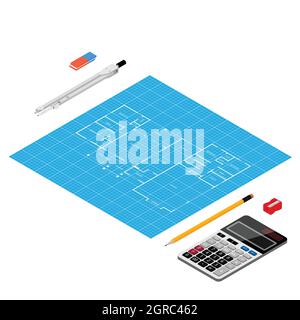Architects, engineer concept. Apartment architectural project sketch blueprint plan, calculator, pencil, eraser and other supplies Stock Vector
