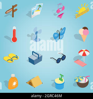 Summer set icons, isometric 3d style Stock Vector