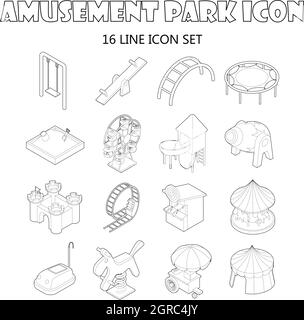 Amusement park icons set, outline style Stock Vector