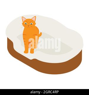 Ginger cat in his soft cozy bed cushion isolated on white background. Isometric view. Vector Stock Vector