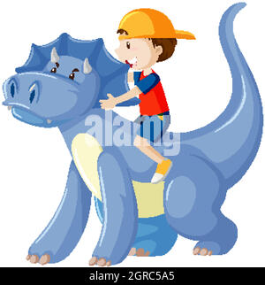 Boy riding on dinosaur cartoon character isolated on white background Stock Vector