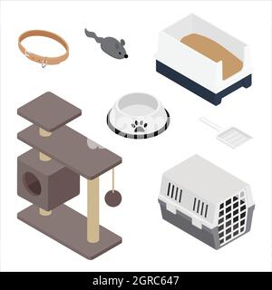 Pet accessories food bowl, collar, pet carrier, cat tree house with scratching post, toy and litter box vector icon set isometric view. Pet store. Iso Stock Vector