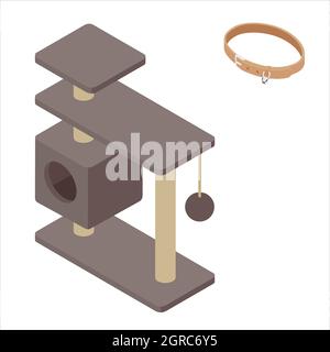 Pet accessories collar and cat tree house with scratching post vector icon set isometric view. Pet store. Isolated on white background. Stock Vector
