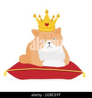 Ginger cat lying on pillow and wearing a crown isolated on white background. Stock Vector