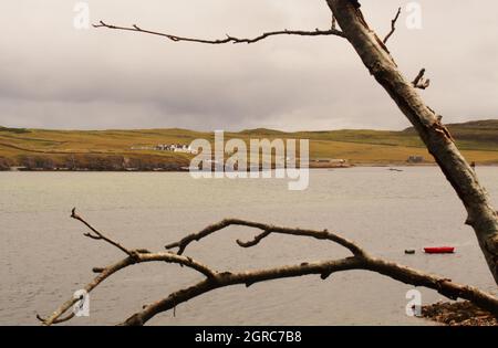 A view looking across the Kyle of Durness from the Cape Wrath peninsula to Keoldale with dead tree branches framing the scene, Scotland Stock Photo