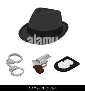 Police icon set. Fedora hat, gun, badge and handcuffs. Isometric view. Vector Stock Vector