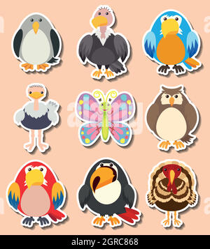 Sticker design with different kinds of birds Stock Vector