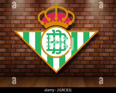 Coat of arms FC Real Madrid, football club from Spain, wooden background  Stock Photo - Alamy