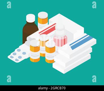 Various meds. Pills, capsules blisters, glass bottles with liquid medicine & plastic tubes with caps. Drug medication & supplements collection. Isomet Stock Vector