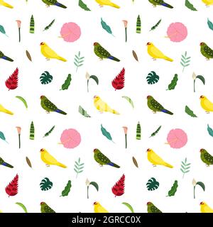 Seamless pattern with parrots kakariki yellow and green, tropical leaves and flowers. Cute baby print for fabric and textile. Stock Vector