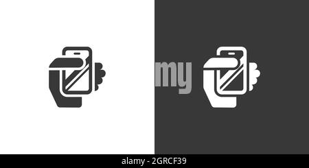 Smartphone in a hand. Mobile payment technology. Isolated icon on black and white background. Commerce glyph vector illustration Stock Vector
