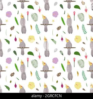 Seamless Pattern With Parrots Cockatiel Tropical Leaves And Flowers Hibiscus And Egg Cute Baby Print For Fabric And Textile Stock Vector Image Art Alamy