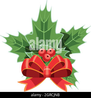 Christmas bow with holly berry icon, cartoon style Stock Vector